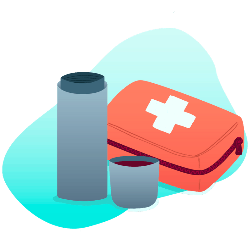 A thermos of hot tea and a first aid kit.