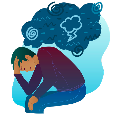 A man with light brown skin is resting his head in his hands looking depressed. Above him is a thought bubble that is filled with negative symbols, such as thunder cloud and swirl.