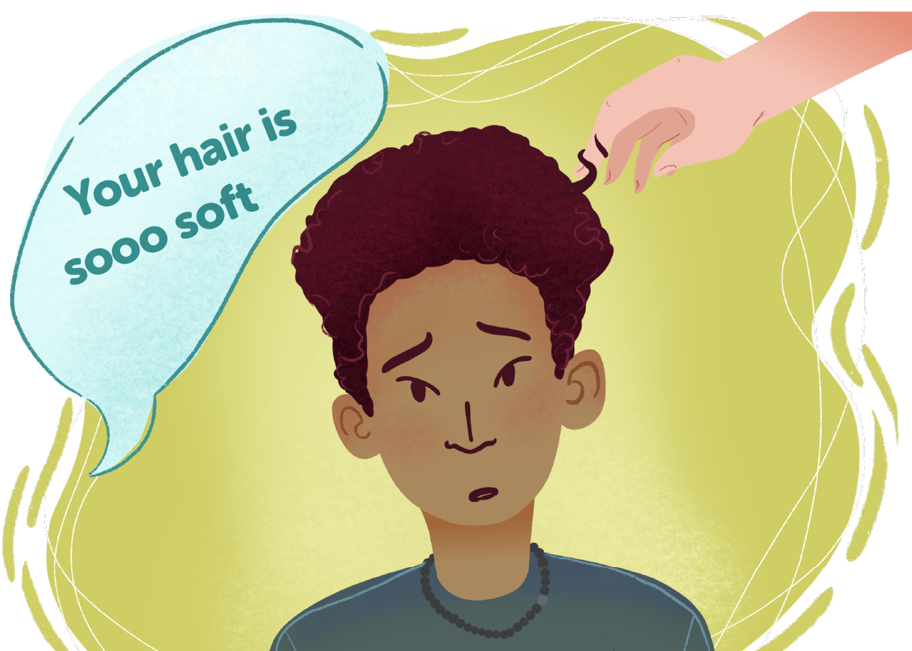 A boy, Chris, is in the middle of the frame. He has light brown skin and dark curly hair. There is a white hand on the right side playing with his hair and a conversation bubble on the left saying "Your hair is sooo soft"